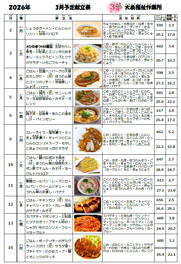 2026年3月の献立表（大泉福祉作業所）